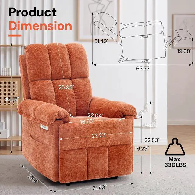 Alt view image 2 of 7 - Korser Power Recliner Chair, Electric Recliners for Adults, Small Recliners for Small Spaces, Upholstered Recliner with USB & Type-C Charging Ports, Nursery Chair for Living Room, Chenille, Orange