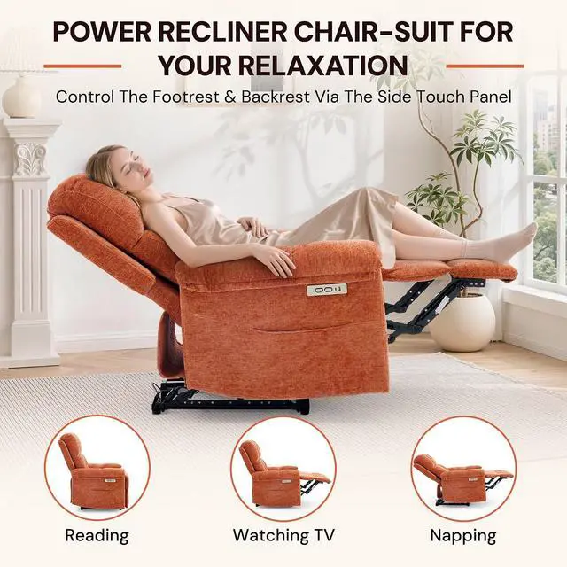 Alt view image 3 of 7 - Korser Power Recliner Chair, Electric Recliners for Adults, Small Recliners for Small Spaces, Upholstered Recliner with USB & Type-C Charging Ports, Nursery Chair for Living Room, Chenille, Orange