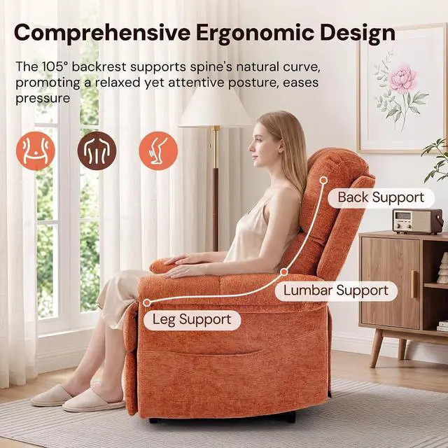 Alt view image 4 of 7 - Korser Power Recliner Chair, Electric Recliners for Adults, Small Recliners for Small Spaces, Upholstered Recliner with USB & Type-C Charging Ports, Nursery Chair for Living Room, Chenille, Orange