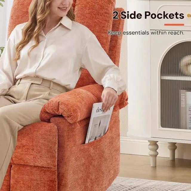 Alt view image 7 of 7 - Korser Power Recliner Chair, Electric Recliners for Adults, Small Recliners for Small Spaces, Upholstered Recliner with USB & Type-C Charging Ports, Nursery Chair for Living Room, Chenille, Orange