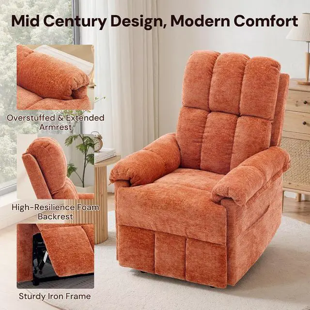 Alt view image 6 of 7 - Korser Power Recliner Chair, Electric Recliners for Adults, Small Recliners for Small Spaces, Upholstered Recliner with USB & Type-C Charging Ports, Nursery Chair for Living Room, Chenille, Orange