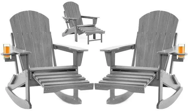 Main image of Adirondack Rocking Chair Set of 2 with Retractable Ottoman and Cup Holders, HDPE Adirondack 4-in-1 Multifunctional Rocker Patio Rocking Chair for Porch, Patio, Balcony