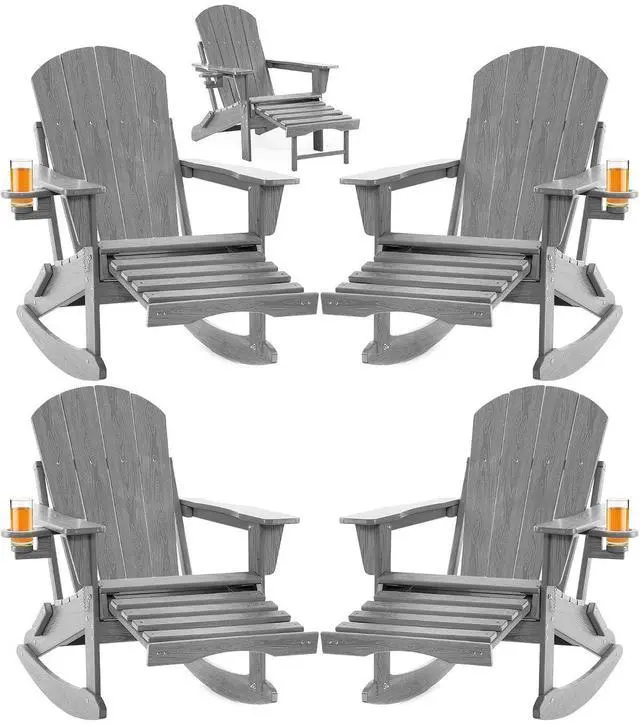 Main image of Adirondack Rocking Chair Set of 4 with Retractable Ottoman and Cup Holders, HDPE Adirondack 4-in-1 Multifunctional Rocker Patio Rocking Chair for Porch, Patio, Balcony