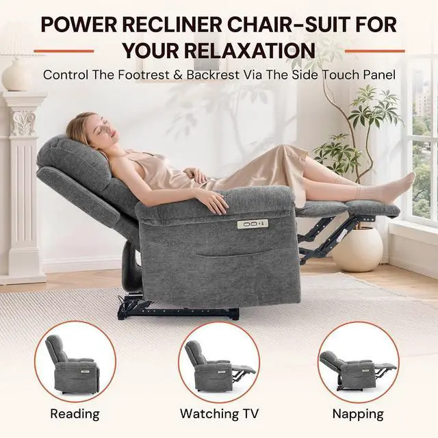 Alt view image 3 of 7 - Korser Power Recliner Chair, Electric Recliners for Adults, Small Recliners for Small Spaces, Upholstered Recliner with USB & Type-C Charging Ports, Nursery Chair for Living Room, Chenille, Grey