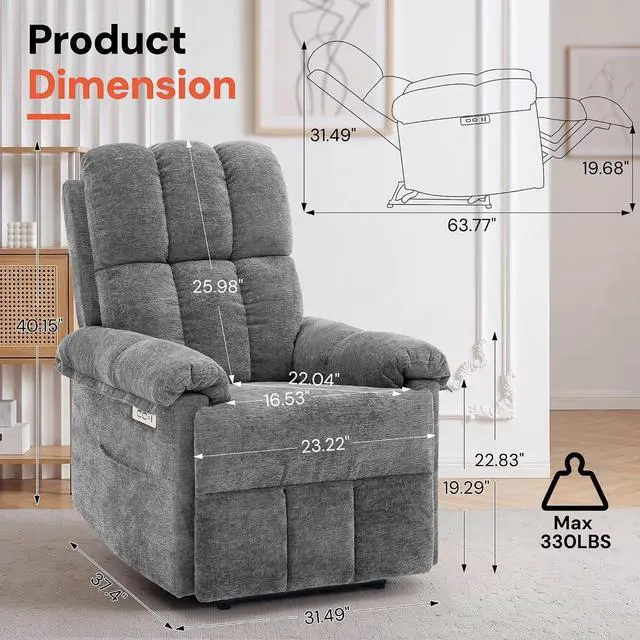 Alt view image 2 of 7 - Korser Power Recliner Chair, Electric Recliners for Adults, Small Recliners for Small Spaces, Upholstered Recliner with USB & Type-C Charging Ports, Nursery Chair for Living Room, Chenille, Grey