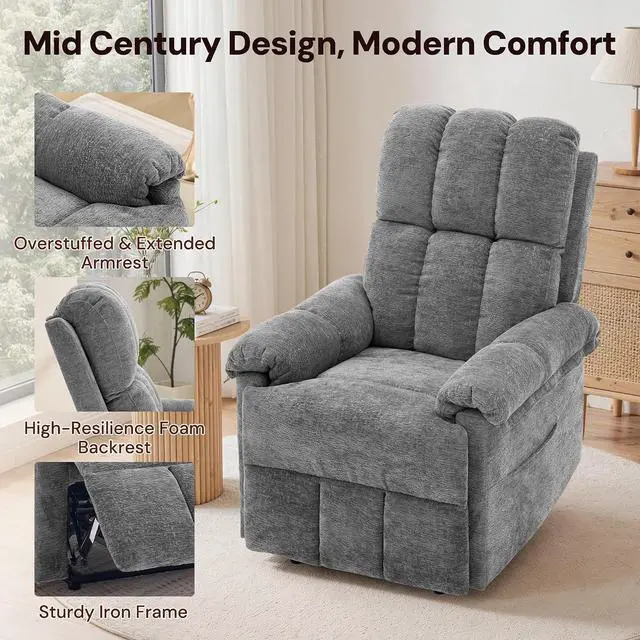 Alt view image 6 of 7 - Korser Power Recliner Chair, Electric Recliners for Adults, Small Recliners for Small Spaces, Upholstered Recliner with USB & Type-C Charging Ports, Nursery Chair for Living Room, Chenille, Grey