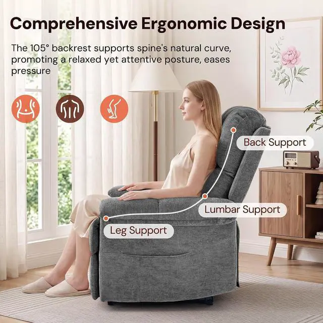 Alt view image 4 of 7 - Korser Power Recliner Chair, Electric Recliners for Adults, Small Recliners for Small Spaces, Upholstered Recliner with USB & Type-C Charging Ports, Nursery Chair for Living Room, Chenille, Grey