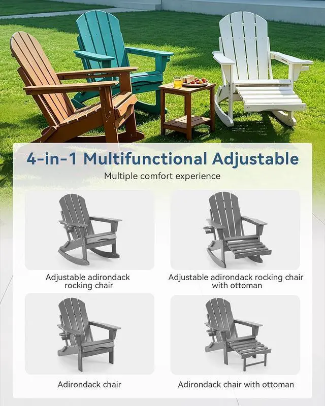 Alt view image 5 of 7 - Folding Adjustable Adirondack Rocking Chair with Footrest, HDPE Adirondack 4-in-1 Multifunctional Outdoor Chair with Cup Holder, All Weather Adirondack Chair with Ottoman