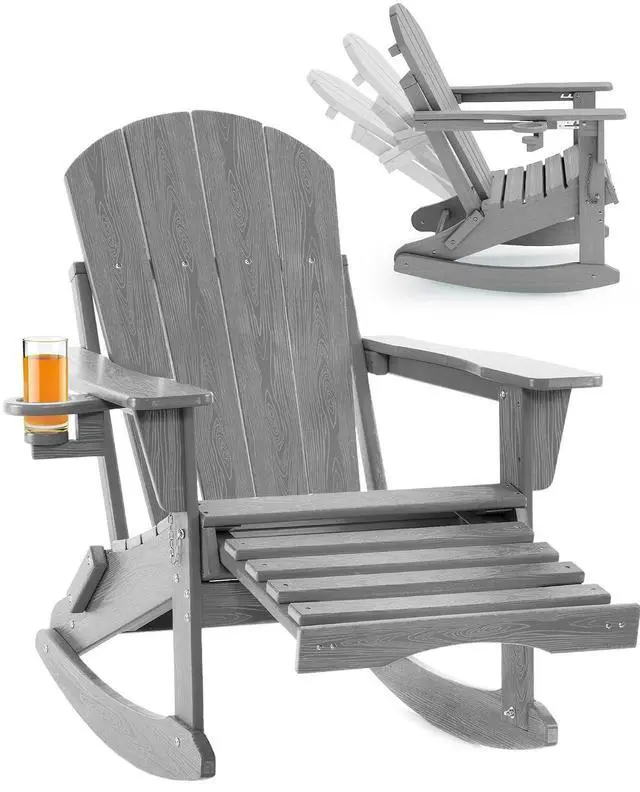 Main image of Folding Adjustable Adirondack Rocking Chair with Footrest, HDPE Adirondack 4-in-1 Multifunctional Outdoor Chair with Cup Holder, All Weather Adirondack Chair with Ottoman