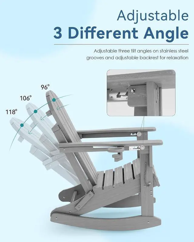 Alt view image 3 of 7 - Folding Adjustable Adirondack Rocking Chair with Footrest, HDPE Adirondack 4-in-1 Multifunctional Outdoor Chair with Cup Holder, All Weather Adirondack Chair with Ottoman