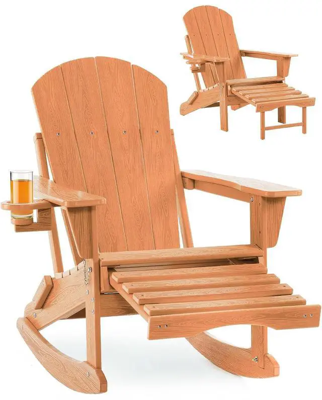 Main image of Folding Adirondack Rocking Chair with Footrest, HDPE Adirondack 4-in-1 Multifunctional Outdoor Chair with Cup Holder, All Weather Adirondack Chair with Ottoman,Teak