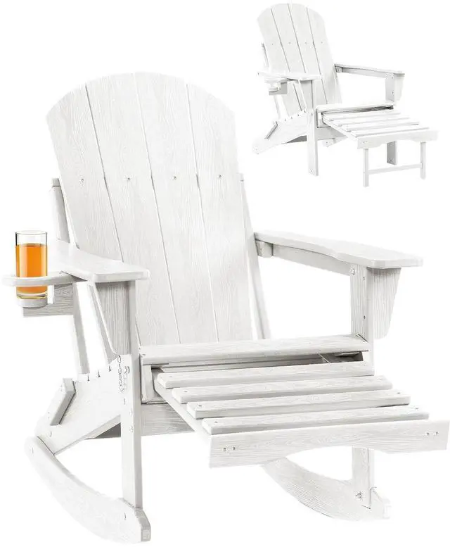Main image of Folding Adirondack Rocking Chair with Footrest, HDPE Adirondack 4-in-1 Multifunctional Outdoor Chair with Cup Holder, All Weather Adirondack Chair with Ottoman,White
