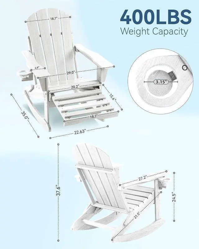 Alt view image 2 of 7 - Folding Adjustable Adirondack Rocking Chair with Footrest, HDPE Adirondack 4-in-1 Multifunctional Outdoor Chair with Cup Holder, All Weather Adirondack Chair with Ottoman