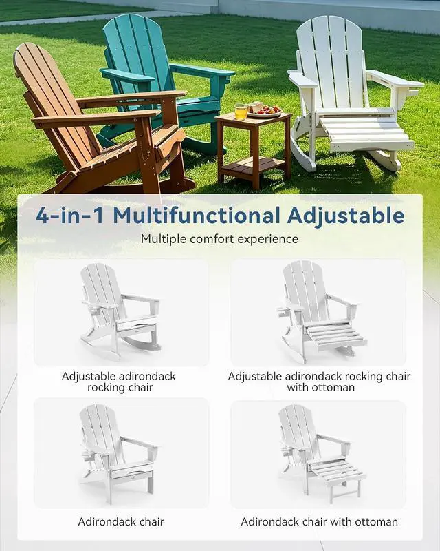 Alt view image 5 of 7 - Folding Adjustable Adirondack Rocking Chair with Footrest, HDPE Adirondack 4-in-1 Multifunctional Outdoor Chair with Cup Holder, All Weather Adirondack Chair with Ottoman