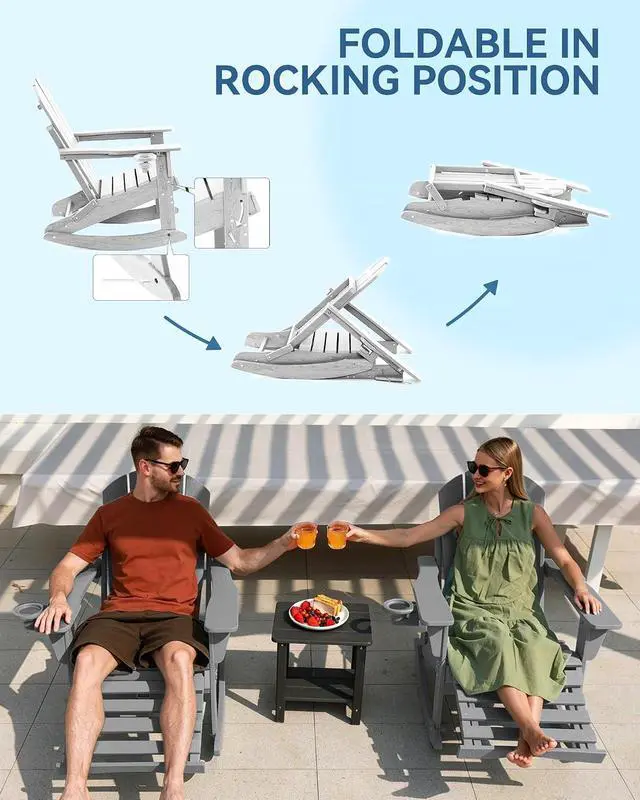 Alt view image 6 of 7 - Folding Adjustable Adirondack Rocking Chair with Footrest, HDPE Adirondack 4-in-1 Multifunctional Outdoor Chair with Cup Holder, All Weather Adirondack Chair with Ottoman