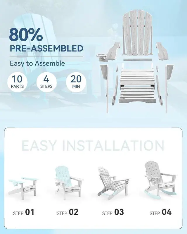 Alt view image 7 of 7 - Folding Adjustable Adirondack Rocking Chair with Footrest, HDPE Adirondack 4-in-1 Multifunctional Outdoor Chair with Cup Holder, All Weather Adirondack Chair with Ottoman