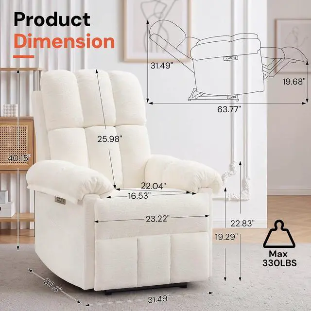 Alt view image 2 of 7 - Korser Power Recliner Chair, Electric Recliners for Adults, Small Recliners for Small Spaces, Upholstered Recliner with USB & Type-C Charging Ports, Nursery Chair for Living Room, Chenille, Beige