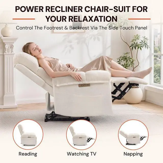 Alt view image 3 of 7 - Korser Power Recliner Chair, Electric Recliners for Adults, Small Recliners for Small Spaces, Upholstered Recliner with USB & Type-C Charging Ports, Nursery Chair for Living Room, Chenille, Beige
