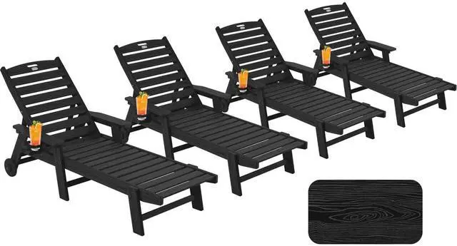 Main image of Patio Chaise Lounge Chair Set of 4, Oversize Lounge Chairs with Wood Texture& Rolling Wheels, HDPE 6-Position Plastic Lounge Chairs for Poolside, Patio, Deck, Beach,Black