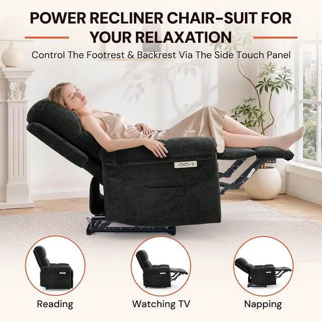 Alt view image 3 of 7 - Korser Power Recliner Chair, Electric Recliners for Adults, Small Recliners for Small Spaces, Upholstered Recliner with USB & Type-C Charging Ports, Nursery Chair for Living Room, Chenille, Black
