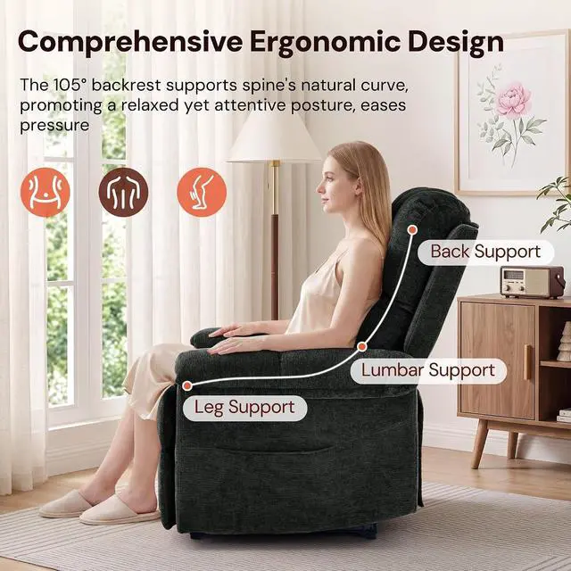 Alt view image 4 of 7 - Korser Power Recliner Chair, Electric Recliners for Adults, Small Recliners for Small Spaces, Upholstered Recliner with USB & Type-C Charging Ports, Nursery Chair for Living Room, Chenille, Black