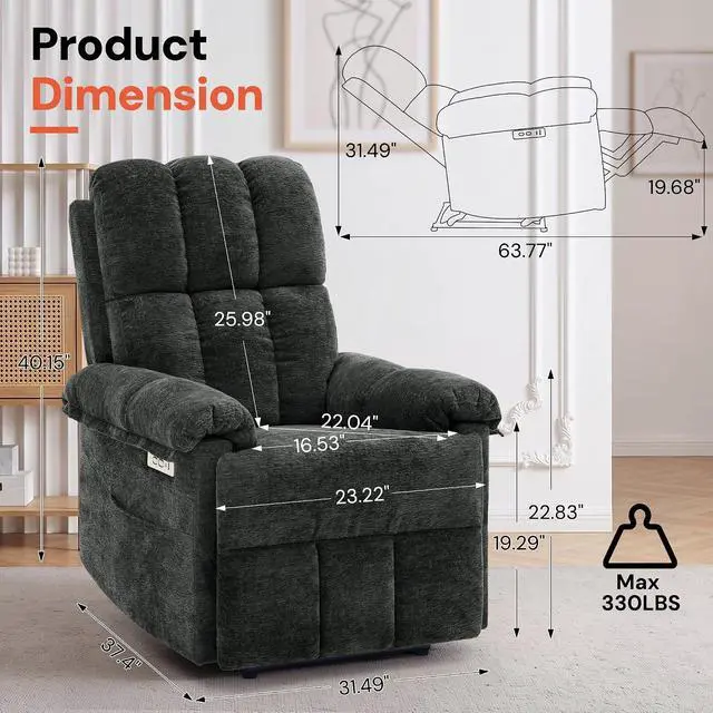 Alt view image 2 of 7 - Korser Power Recliner Chair, Electric Recliners for Adults, Small Recliners for Small Spaces, Upholstered Recliner with USB & Type-C Charging Ports, Nursery Chair for Living Room, Chenille, Black