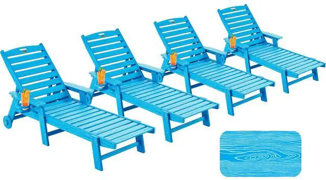 Main image of Patio Chaise Lounge Chair Set of 4, Oversize Lounge Chairs with Wood Texture& Rolling Wheels, HDPE 6-Position Plastic Lounge Chairs for Poolside, Patio, Deck, Beach,Pacific Blue