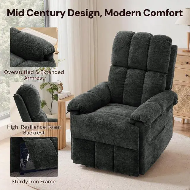 Alt view image 6 of 7 - Korser Power Recliner Chair, Electric Recliners for Adults, Small Recliners for Small Spaces, Upholstered Recliner with USB & Type-C Charging Ports, Nursery Chair for Living Room, Chenille, Black