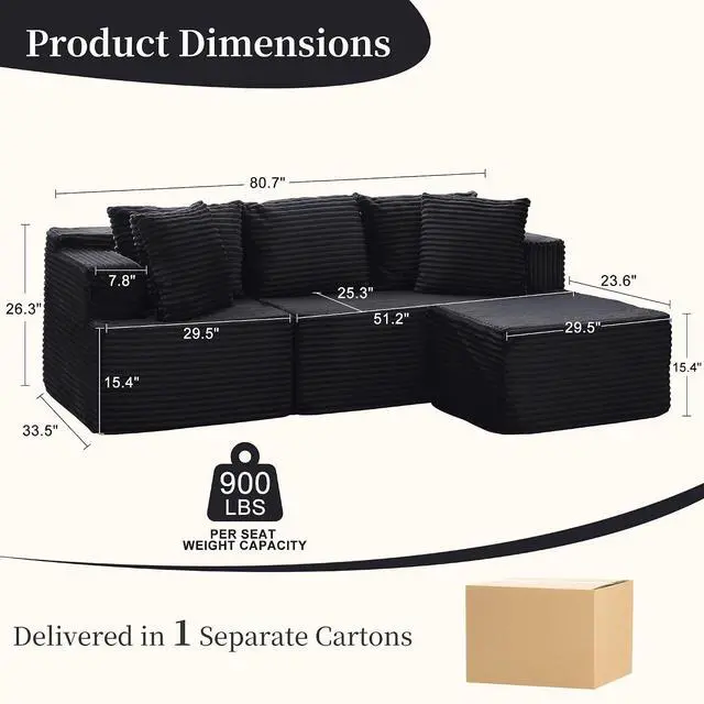Alt view image 2 of 7 - Korser Cloud Modular Sectional Sofa with L-Shaped, Boneless Couches for Living Room, Fluffy Comfy Corduroy Deep Seat with Ottoman, Bedroom, Apartment, No Assembly Required