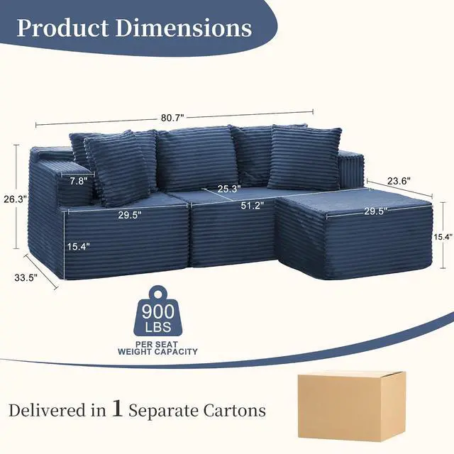 Alt view image 2 of 7 - Korser Cloud Modular Sectional Sofa with L-Shaped, Boneless Couches for Living Room, Fluffy Comfy Corduroy Deep Seat with Ottoman, Bedroom, Apartment, No Assembly Required