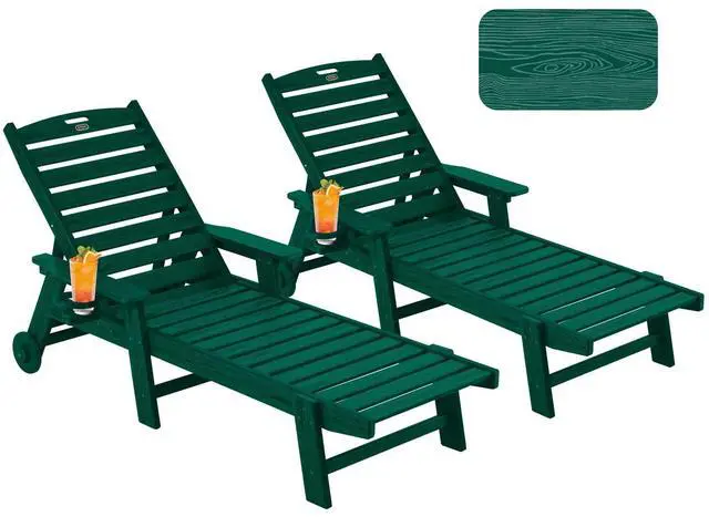 Main image of Patio Chaise Lounge Chair Set of 2, Oversize Lounge Chairs with Wood Texture& Rolling Wheels, HDPE 5-Position Plastic Lounge Chairs for Poolside, Patio, Deck, Beach,Green
