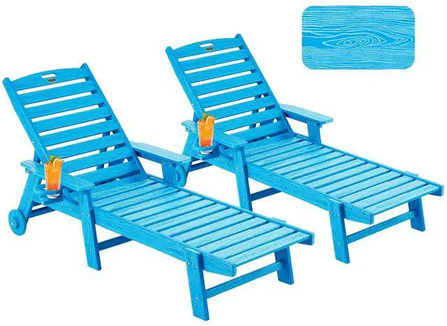 Main image of Patio Chaise Lounge Chair Set of 2, Oversize Lounge Chairs with Wood Texture& Rolling Wheels, HDPE 6-Position Plastic Lounge Chairs for Poolside, Patio, Deck, Beach,Pacific Blue
