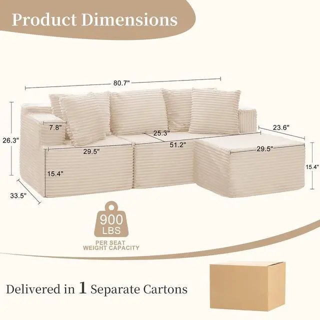 Alt view image 2 of 7 - Korser Cloud Modular Sectional Sofa with L-Shaped, Boneless Couches for Living Room, Fluffy Comfy Corduroy Deep Seat with Ottoman, Bedroom, Apartment, No Assembly Required