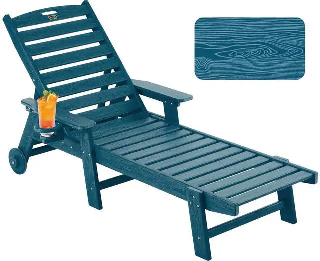 Main image of Patio Chaise Lounge Chair Outdoor with Wheels, Oversize Patio Lounge Chairs with Wood Texture, HDPE 6-Position Plastic Lounge Chairs for Poolside, Patio, Deck, Beach,Navy Blue