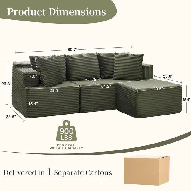 Alt view image 2 of 7 - Korser Cloud Modular Sectional Sofa with L-Shaped, Boneless Couches for Living Room, Fluffy Comfy Corduroy Deep Seat with Ottoman, Bedroom, Apartment, No Assembly Required