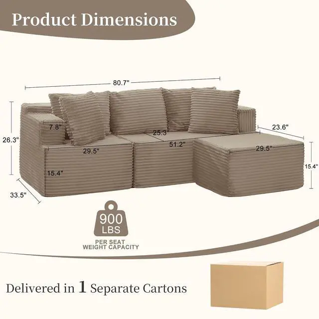 Alt view image 2 of 6 - Korser Cloud Modular Sectional Sofa with L-Shaped, Boneless Couches for Living Room, Fluffy Comfy Corduroy Deep Seat with Ottoman, Bedroom, Apartment, No Assembly Required