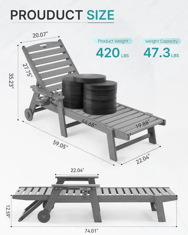 Alt view image 2 of 7 - Patio Chaise Lounge Chair Set of 2, Oversize Lounge Chairs with Wood Texture& Rolling Wheels, HDPE 6-Position Plastic Lounge Chairs for Poolside, Patio, Deck, Beach,Grey