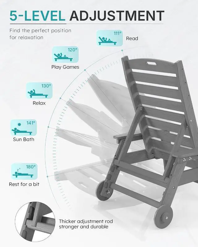 Alt view image 4 of 7 - Patio Chaise Lounge Chair Set of 2, Oversize Lounge Chairs with Wood Texture& Rolling Wheels, HDPE 6-Position Plastic Lounge Chairs for Poolside, Patio, Deck, Beach,Grey