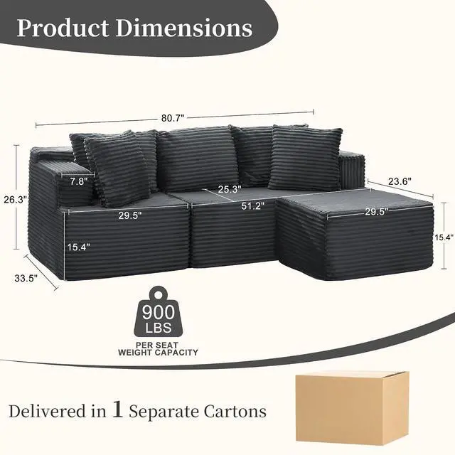 Alt view image 2 of 7 - Korser Cloud Modular Sectional Sofa with L-Shaped, Boneless Couches for Living Room, Fluffy Comfy Corduroy Deep Seat with Ottoman, Bedroom, Apartment, No Assembly Required
