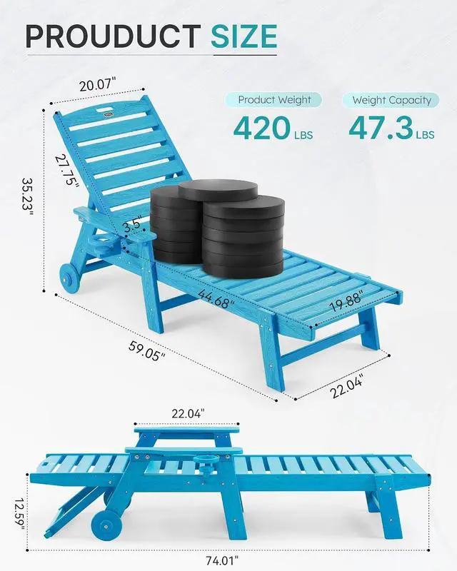 Alt view image 2 of 7 - Patio Chaise Lounge Chair Set of 4, Oversize Lounge Chairs with Wood Texture& Rolling Wheels, HDPE 6-Position Plastic Lounge Chairs for Poolside, Patio, Deck, Beach,Pacific Blue