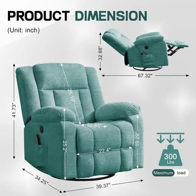 Alt view image 2 of 7 - Korser Rocker Recliner, Glider Recliner Chairs for Adults, 360° Swivel Rocking Chair with Massage and Heating, Nursery Chair with Storage and USB Charging, Turquoise, Swivel Rocker Recliner