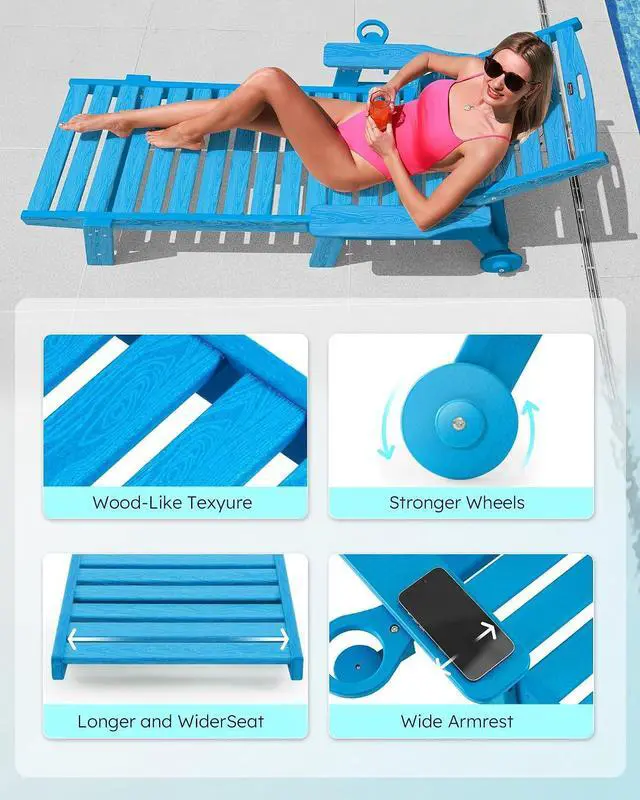 Alt view image 5 of 7 - Patio Chaise Lounge Chair Set of 4, Oversize Lounge Chairs with Wood Texture& Rolling Wheels, HDPE 6-Position Plastic Lounge Chairs for Poolside, Patio, Deck, Beach,Pacific Blue