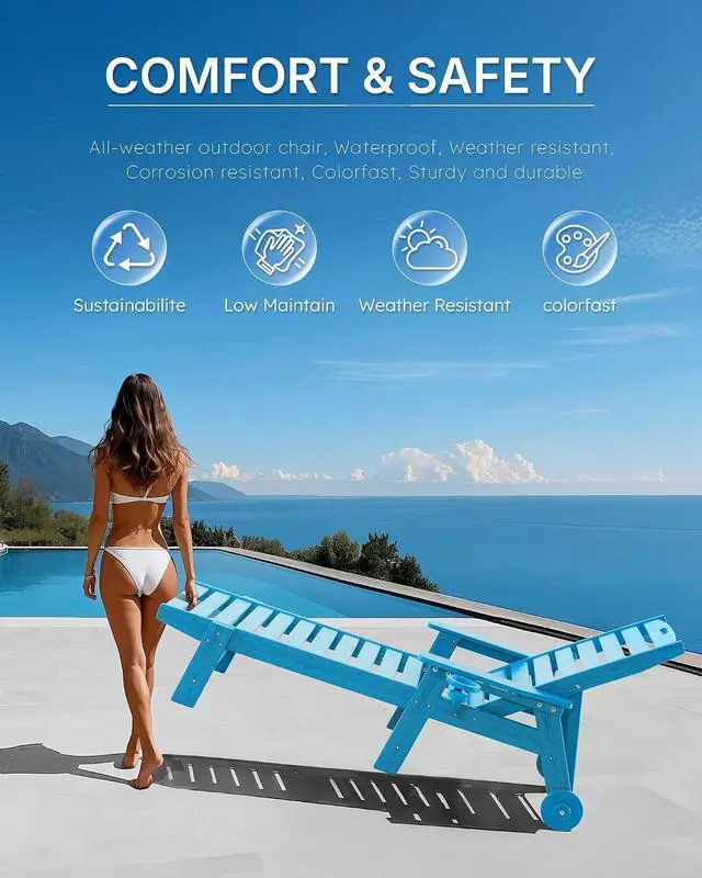 Alt view image 7 of 7 - Patio Chaise Lounge Chair Set of 4, Oversize Lounge Chairs with Wood Texture& Rolling Wheels, HDPE 6-Position Plastic Lounge Chairs for Poolside, Patio, Deck, Beach,Pacific Blue