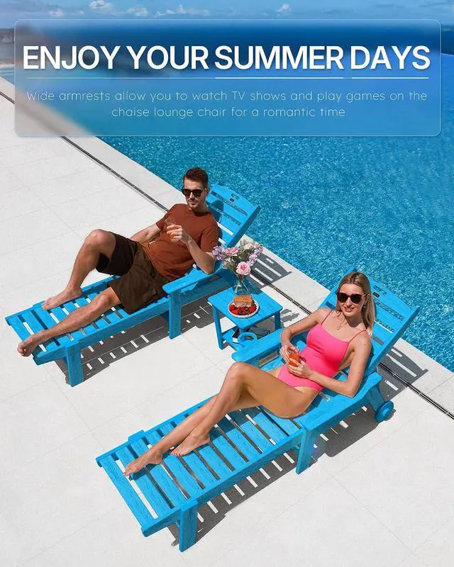 Alt view image 3 of 7 - Patio Chaise Lounge Chair Set of 4, Oversize Lounge Chairs with Wood Texture& Rolling Wheels, HDPE 6-Position Plastic Lounge Chairs for Poolside, Patio, Deck, Beach,Pacific Blue