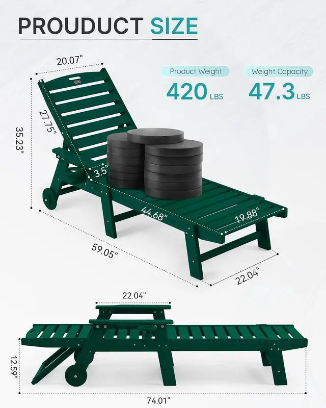 Alt view image 2 of 7 - Patio Chaise Lounge Chair Set of 4, Oversize Lounge Chairs with Wood Texture& Rolling Wheels, HDPE 5-Position Plastic Lounge Chairs for Poolside, Patio, Deck, Beach,Green