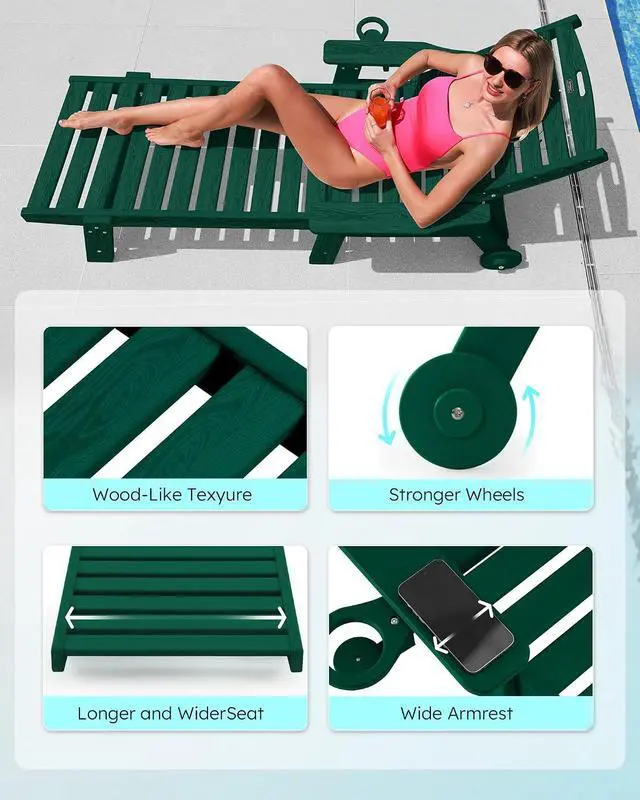 Alt view image 5 of 7 - Patio Chaise Lounge Chair Set of 4, Oversize Lounge Chairs with Wood Texture& Rolling Wheels, HDPE 5-Position Plastic Lounge Chairs for Poolside, Patio, Deck, Beach,Green