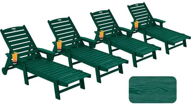 Main image of Patio Chaise Lounge Chair Set of 4, Oversize Lounge Chairs with Wood Texture& Rolling Wheels, HDPE 5-Position Plastic Lounge Chairs for Poolside, Patio, Deck, Beach,Green