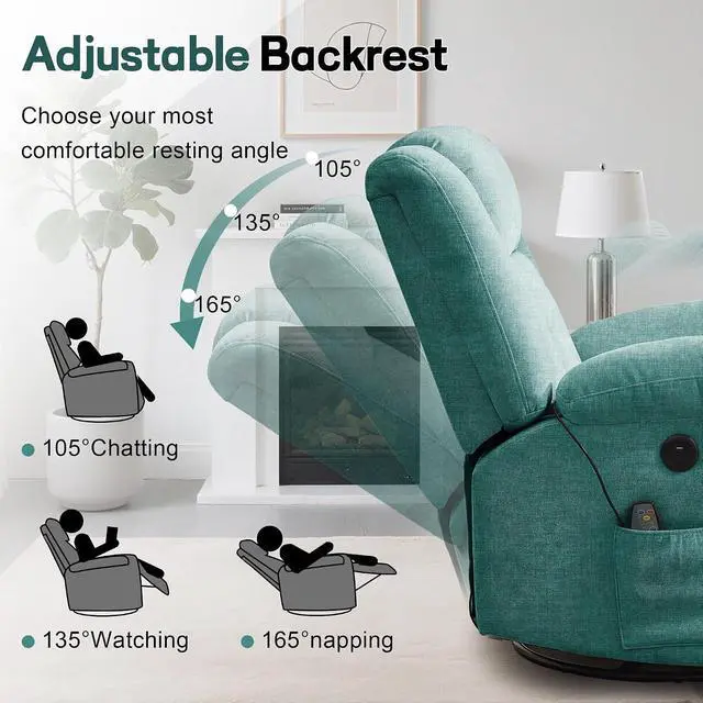 Alt view image 3 of 7 - Korser Rocker Recliner, Glider Recliner Chairs for Adults, 360° Swivel Rocking Chair with Massage and Heating, Nursery Chair with Storage and USB Charging, Turquoise, Swivel Rocker Recliner
