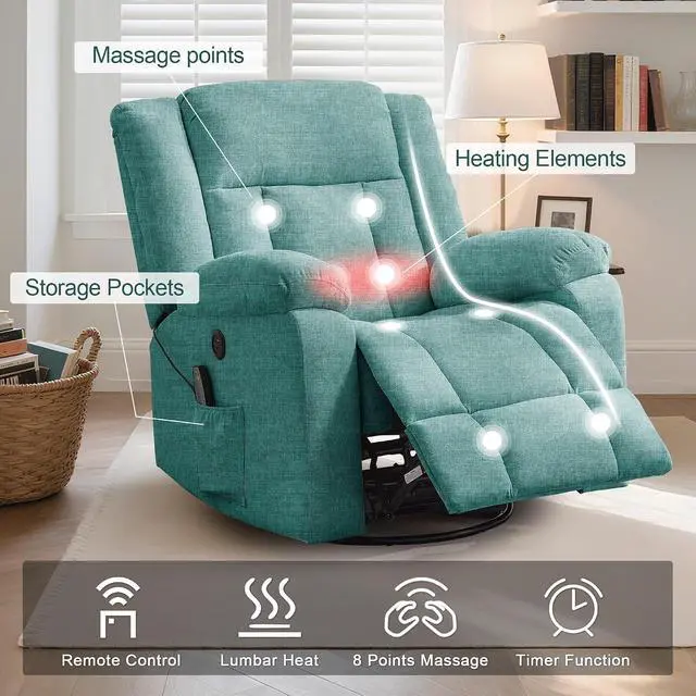 Alt view image 4 of 7 - Korser Rocker Recliner, Glider Recliner Chairs for Adults, 360° Swivel Rocking Chair with Massage and Heating, Nursery Chair with Storage and USB Charging, Turquoise, Swivel Rocker Recliner