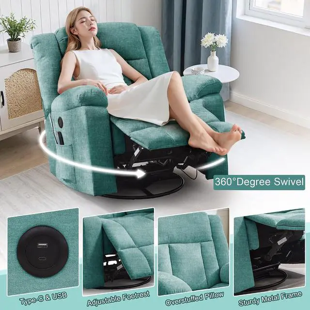 Alt view image 5 of 7 - Korser Rocker Recliner, Glider Recliner Chairs for Adults, 360° Swivel Rocking Chair with Massage and Heating, Nursery Chair with Storage and USB Charging, Turquoise, Swivel Rocker Recliner